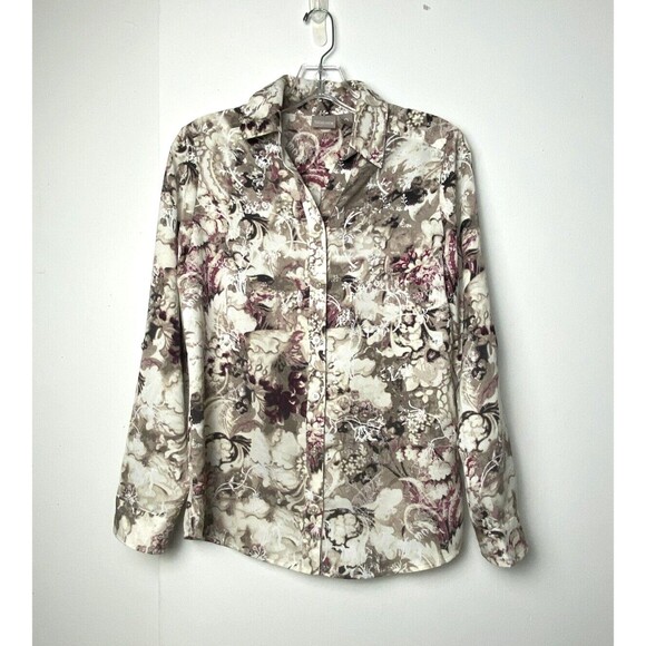 Chicos Beige Satin Print Shirt Size 0 Long Sleeve Button Down Artsy Top Flowers - Picture 1 of 14